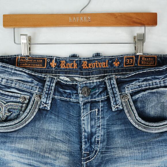 Rock Revival Jeans Mens 33 35x32.5 Blue Baxter Straight Distressed Streetwear - Picture 8 of 13